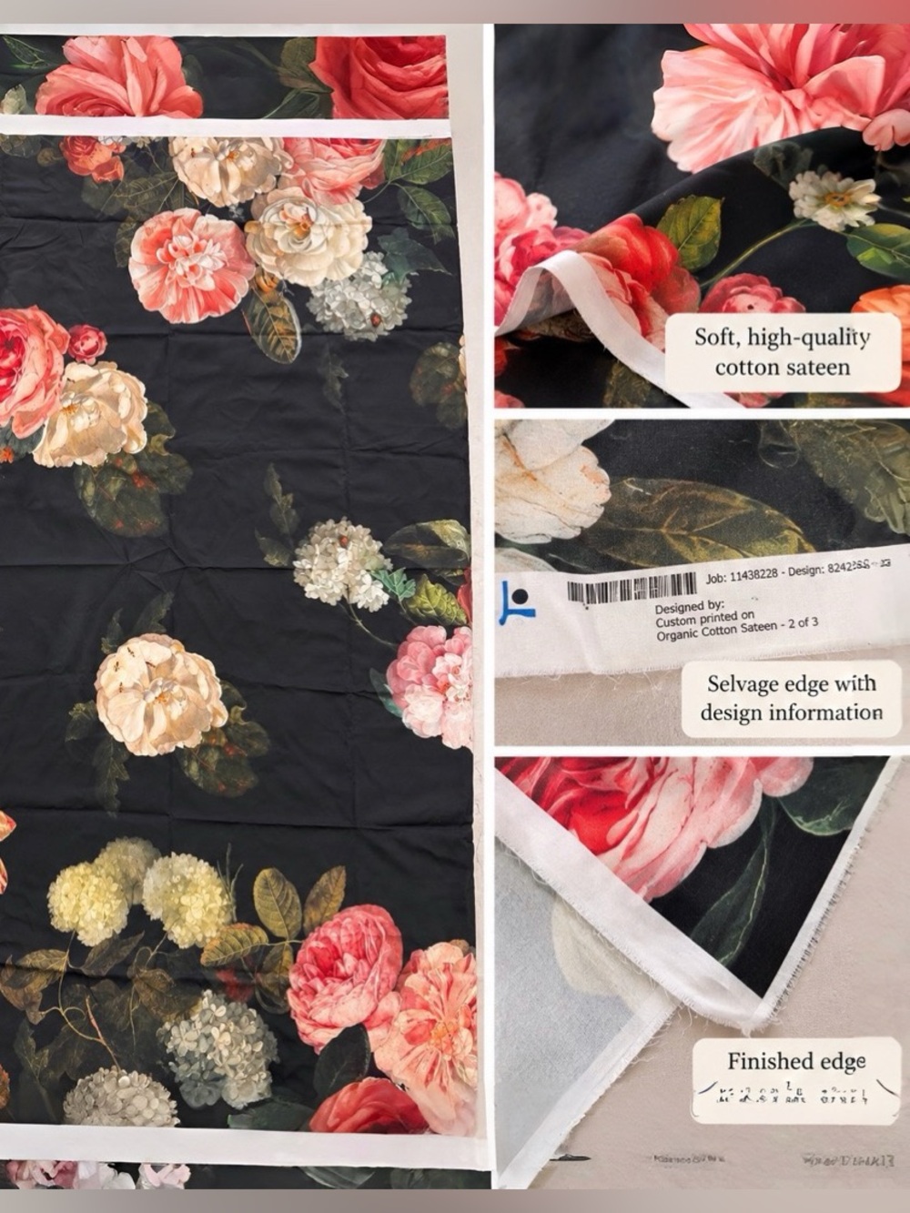 Vintage Floral Organic Cotton Sateen Fabric 55x71” approximately 2 Yards